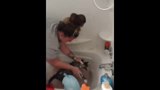 漂亮的女孩给小猫洗澡